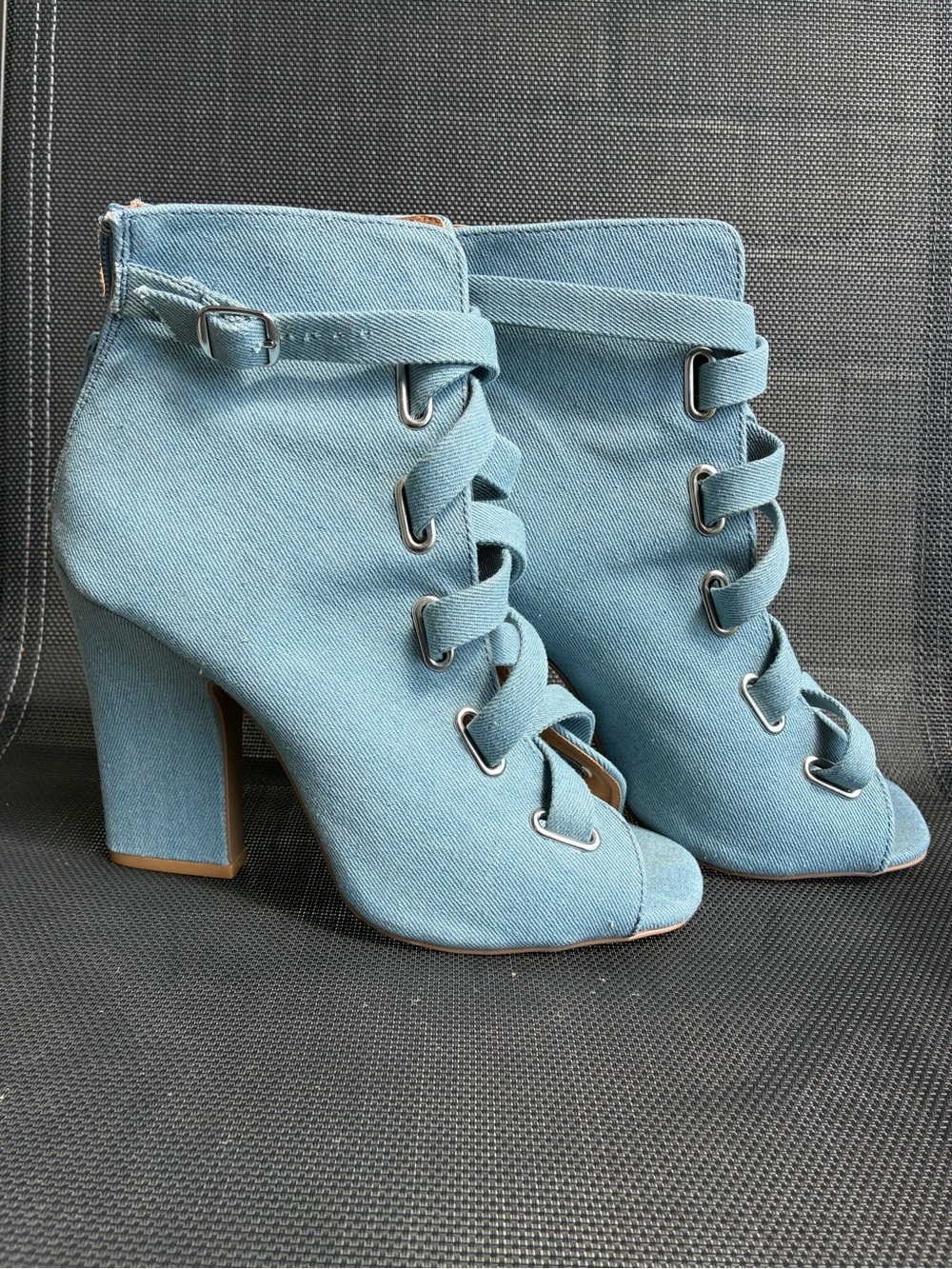 Light Blue Denim Lace-Up Peep Toe Ankle Boots, size 9